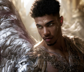Stunning AI-generated male angel art handsome heavenly warriors with enormous shimmering wings descending from the celestial realm. Heaven's Warriors Collection by Jeff Dupler.