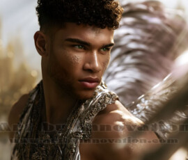 Stunning AI-generated male angel art handsome heavenly warriors with enormous shimmering wings descending from the celestial realm. Heaven's Warriors Collection by Jeff Dupler.