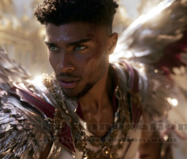 Stunning AI-generated male angel art handsome heavenly warriors with enormous shimmering wings descending from the celestial realm. Heaven's Warriors Collection by Jeff Dupler.