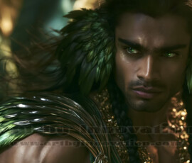 Stunning AI-generated male angel art handsome heavenly warriors with enormous shimmering wings descending from the celestial realm. Heaven's Warriors Collection by Jeff Dupler.