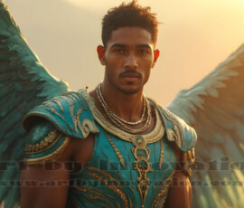 Stunning AI-generated male angel art handsome heavenly warriors with enormous shimmering wings descending from the celestial realm. Heaven's Warriors Collection by Jeff Dupler.