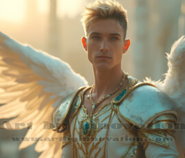 Stunning AI-generated male angel art handsome heavenly warriors with enormous shimmering wings descending from the celestial realm. Heaven's Warriors Collection by Jeff Dupler.