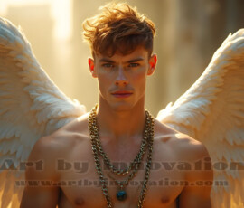 Stunning AI-generated male angel art handsome heavenly warriors with enormous shimmering wings descending from the celestial realm. Heaven's Warriors Collection by Jeff Dupler.