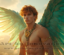 Stunning AI-generated male angel art handsome heavenly warriors with enormous shimmering wings descending from the celestial realm. Heaven's Warriors Collection by Jeff Dupler.