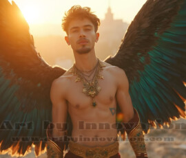 Stunning AI-generated male angel art handsome heavenly warriors with enormous shimmering wings descending from the celestial realm. Heaven's Warriors Collection by Jeff Dupler.
