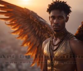 Stunning AI-generated male angel art handsome heavenly warriors with enormous shimmering wings descending from the celestial realm. Heaven's Warriors Collection by Jeff Dupler.