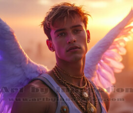 Stunning AI-generated male angel art handsome heavenly warriors with enormous shimmering wings descending from the celestial realm. Heaven's Warriors Collection by Jeff Dupler.