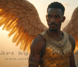 Stunning AI-generated male angel art handsome heavenly warriors with enormous shimmering wings descending from the celestial realm. Heaven's Warriors Collection by Jeff Dupler.