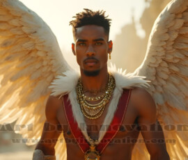 Stunning AI-generated male angel art handsome heavenly warriors with enormous shimmering wings descending from the celestial realm. Heaven's Warriors Collection by Jeff Dupler.