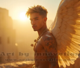 Stunning AI-generated male angel art handsome heavenly warriors with enormous shimmering wings descending from the celestial realm. Heaven's Warriors Collection by Jeff Dupler.