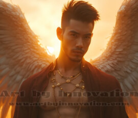Stunning AI-generated male angel art handsome heavenly warriors with enormous shimmering wings descending from the celestial realm. Heaven's Warriors Collection by Jeff Dupler.