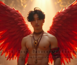 Stunning AI-generated male angel art handsome heavenly warriors with enormous shimmering wings descending from the celestial realm. Heaven's Warriors Collection by Jeff Dupler.