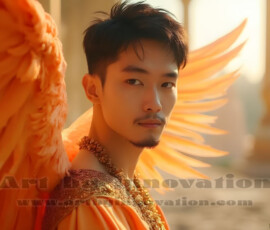 Stunning AI-generated male angel art handsome heavenly warriors with enormous shimmering wings descending from the celestial realm. Heaven's Warriors Collection by Jeff Dupler.
