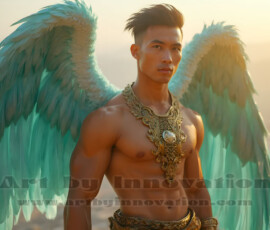 Stunning AI-generated male angel art handsome heavenly warriors with enormous shimmering wings descending from the celestial realm. Heaven's Warriors Collection by Jeff Dupler.