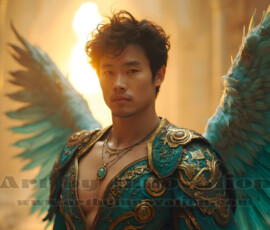 Stunning AI-generated male angel art handsome heavenly warriors with enormous shimmering wings descending from the celestial realm. Heaven's Warriors Collection by Jeff Dupler.