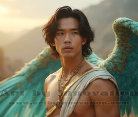 Stunning AI-generated male angel art handsome heavenly warriors with enormous shimmering wings descending from the celestial realm. Heaven's Warriors Collection by Jeff Dupler.