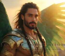 Stunning AI-generated male angel art handsome heavenly warriors with enormous shimmering wings descending from the celestial realm. Heaven's Warriors Collection by Jeff Dupler.