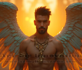 Stunning AI-generated male angel art handsome heavenly warriors with enormous shimmering wings descending from the celestial realm. Heaven's Warriors Collection by Jeff Dupler.