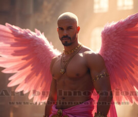 Stunning AI-generated male angel art handsome heavenly warriors with enormous shimmering wings descending from the celestial realm. Heaven's Warriors Collection by Jeff Dupler.