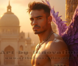 Stunning AI-generated male angel art handsome heavenly warriors with enormous shimmering wings descending from the celestial realm. Heaven's Warriors Collection by Jeff Dupler.