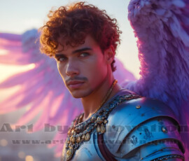 Stunning AI-generated male angel art handsome heavenly warriors with enormous shimmering wings descending from the celestial realm. Heaven's Warriors Collection by Jeff Dupler.