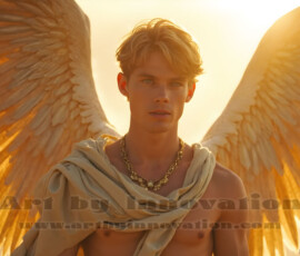 Stunning AI-generated male angel art handsome heavenly warriors with enormous shimmering wings descending from the celestial realm. Heaven's Warriors Collection by Jeff Dupler.