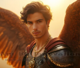 Stunning AI-generated male angel art handsome heavenly warriors with enormous shimmering wings descending from the celestial realm. Heaven's Warriors Collection by Jeff Dupler.