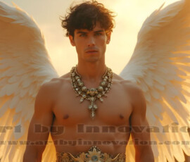 Stunning AI-generated male angel art handsome heavenly warriors with enormous shimmering wings descending from the celestial realm. Heaven's Warriors Collection by Jeff Dupler.