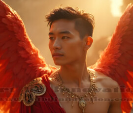 Stunning AI-generated male angel art handsome heavenly warriors with enormous shimmering wings descending from the celestial realm. Heaven's Warriors Collection by Jeff Dupler.