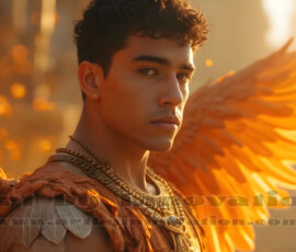 Stunning AI-generated male angel art handsome heavenly warriors with enormous shimmering wings descending from the celestial realm. Heaven's Warriors Collection by Jeff Dupler.
