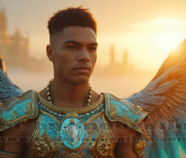 Stunning AI-generated male angel art handsome heavenly warriors with enormous shimmering wings descending from the celestial realm. Heaven's Warriors Collection by Jeff Dupler.