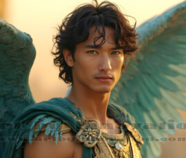 Stunning AI-generated male angel art handsome heavenly warriors with enormous shimmering wings descending from the celestial realm. Heaven's Warriors Collection by Jeff Dupler.