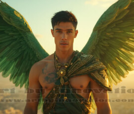 Stunning AI-generated male angel art handsome heavenly warriors with enormous shimmering wings descending from the celestial realm. Heaven's Warriors Collection by Jeff Dupler.