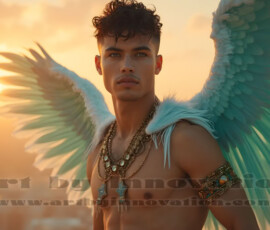 Stunning AI-generated male angel art handsome heavenly warriors with enormous shimmering wings descending from the celestial realm. Heaven's Warriors Collection by Jeff Dupler.