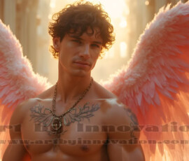 Stunning AI-generated male angel art handsome heavenly warriors with enormous shimmering wings descending from the celestial realm. Heaven's Warriors Collection by Jeff Dupler.