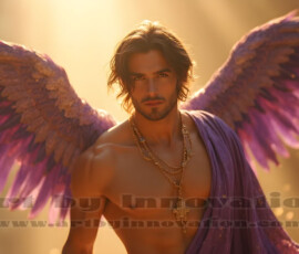 Stunning AI-generated male angel art handsome heavenly warriors with enormous shimmering wings descending from the celestial realm. Heaven's Warriors Collection by Jeff Dupler.
