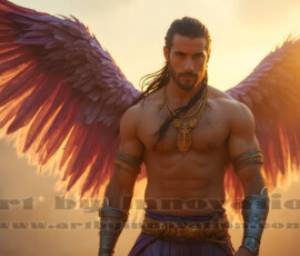 Stunning AI-generated male angel art handsome heavenly warriors with enormous shimmering wings descending from the celestial realm. Heaven's Warriors Collection by Jeff Dupler.