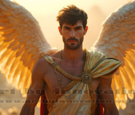 Stunning AI-generated male angel art handsome heavenly warriors with enormous shimmering wings descending from the celestial realm. Heaven's Warriors Collection by Jeff Dupler.
