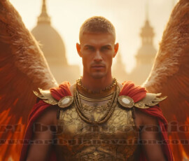 Stunning AI-generated male angel art handsome heavenly warriors with enormous shimmering wings descending from the celestial realm. Heaven's Warriors Collection by Jeff Dupler.