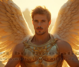 Stunning AI-generated male angel art handsome heavenly warriors with enormous shimmering wings descending from the celestial realm. Heaven's Warriors Collection by Jeff Dupler.