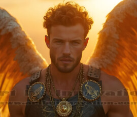 Stunning AI-generated male angel art handsome heavenly warriors with enormous shimmering wings descending from the celestial realm. Heaven's Warriors Collection by Jeff Dupler.