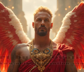 Stunning AI-generated male angel art handsome heavenly warriors with enormous shimmering wings descending from the celestial realm. Heaven's Warriors Collection by Jeff Dupler.