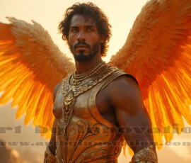 Stunning AI-generated male angel art handsome heavenly warriors with enormous shimmering wings descending from the celestial realm. Heaven's Warriors Collection by Jeff Dupler.