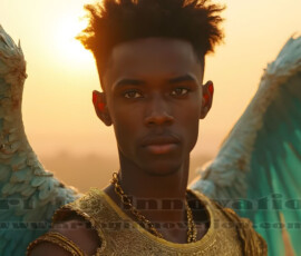 Stunning AI-generated male angel art handsome heavenly warriors with enormous shimmering wings descending from the celestial realm. Heaven's Warriors Collection by Jeff Dupler.