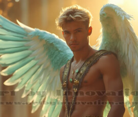 Stunning AI-generated male angel art handsome heavenly warriors with enormous shimmering wings descending from the celestial realm. Heaven's Warriors Collection by Jeff Dupler.