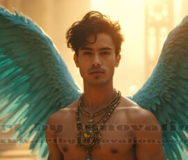 Stunning AI-generated male angel art handsome heavenly warriors with enormous shimmering wings descending from the celestial realm. Heaven's Warriors Collection by Jeff Dupler.