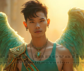 Stunning AI-generated male angel art handsome heavenly warriors with enormous shimmering wings descending from the celestial realm. Heaven's Warriors Collection by Jeff Dupler.