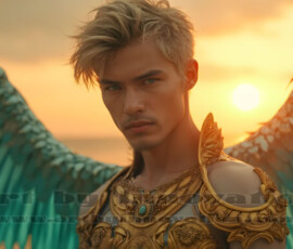 Stunning AI-generated male angel art handsome heavenly warriors with enormous shimmering wings descending from the celestial realm. Heaven's Warriors Collection by Jeff Dupler.