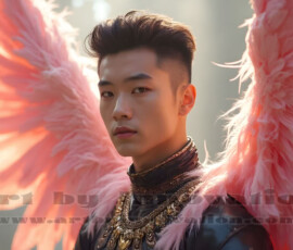 Stunning AI-generated male angel art handsome heavenly warriors with enormous shimmering wings descending from the celestial realm. Heaven's Warriors Collection by Jeff Dupler.