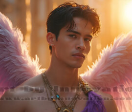 Stunning AI-generated male angel art handsome heavenly warriors with enormous shimmering wings descending from the celestial realm. Heaven's Warriors Collection by Jeff Dupler.